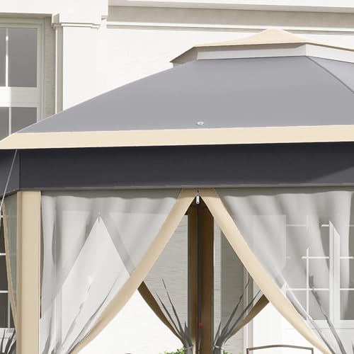 Outsunny 3 x 4m Garden Gazebo Hexagon Pop Up Gazebo Party Tent Canopy Double Roof Instant Shelter with Netting and Carry Bag for Outdoor Patio, Khaki - Image 5
