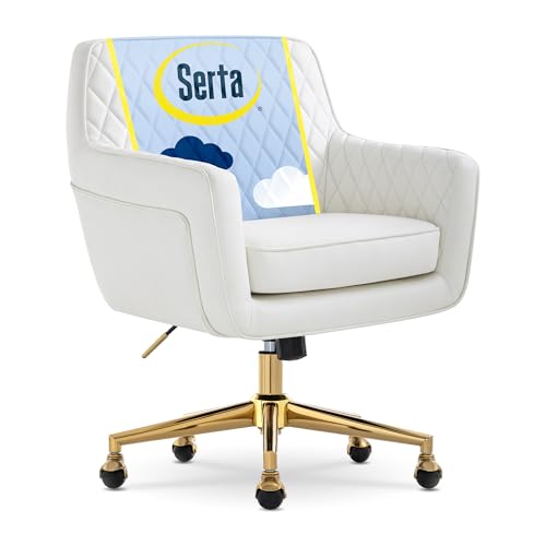 Serta Ashleigh Modern Office Chair, Diamond-Tufted Design, Pocket Coil Seat Cushion, Stylish Mid-Century Accent Armchair, Women's Vanity or MakeupChair, Polished Gold Swivel Base, White Bonded Leather