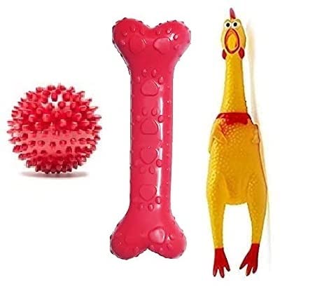 Woofy Squeaky Chewable Interactive Chicken Toy, Spiky Dumbbell and Spiky Squeaky Ball Toys for Dogs & Puppies -Multicolor- (Pack of 3) (B0B1JD5M5X) Amazon Price History, Amazon Price Tracker