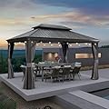 PURPLE LEAF 10' X 14' Gazebo with Metal Roof Patio Gazebo with Light for Outdoor Lawn and Garden Hardtop Grey