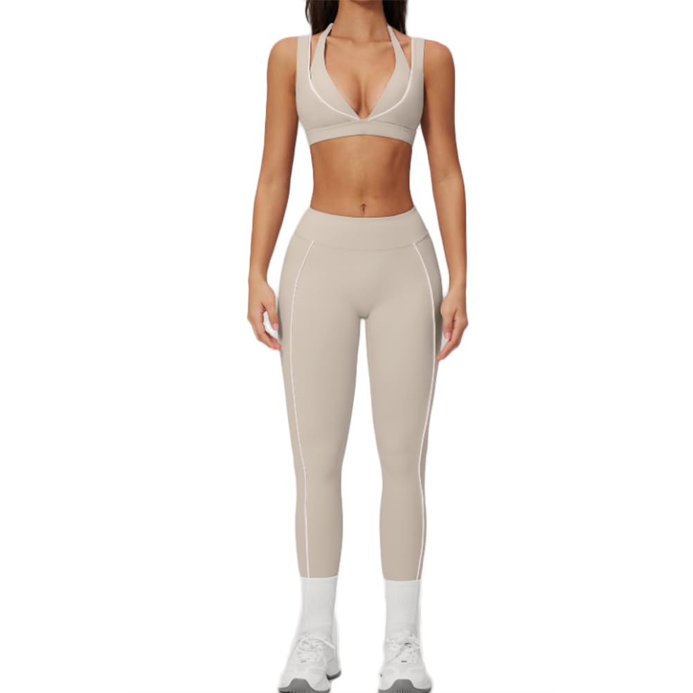 XYFfybhsd V Neck Halter Sports Bra High Elastic Support Matching Running Fitness Full Length Leggings Slim Yoga Set Workout Active Outfit(Size:M,Color:Apricot)