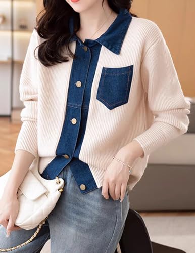 Image of Womens Sweaters Patchwork Denim Sweater Cardigan Long Sleeve Chunky Knit Cardigans Fall Cardigan
