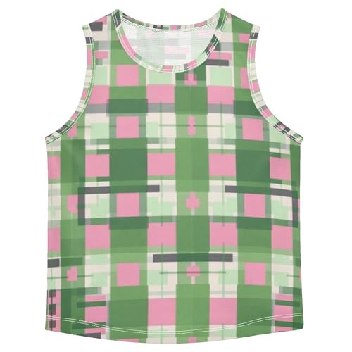 JUNZAN Green Pink Checkered Children Tank Top Sleeveless Summer Vest Tee Toddler Crewneck T-Shirts for Running Hiking 3T