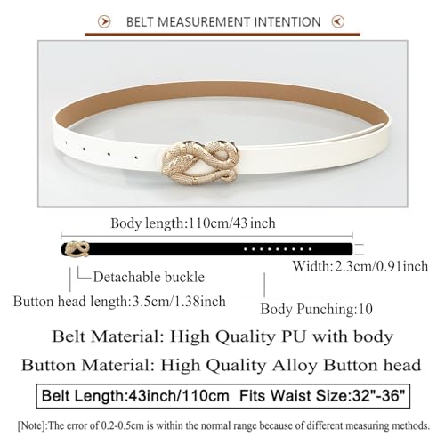 Fashion Leather Belts for Women with Snake Buckle Belt Designer Classic Belts for Jeans Pants Dresses (White, Fits waist size for 32"-36")2