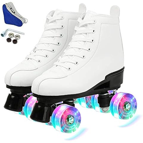 XUDREZ Roller Skates Double Row Skates Adjustable High-top Roller Skates Indoor Outdoor Adult Roller Skates (White flash wheel,37=UK:4.5) Cover