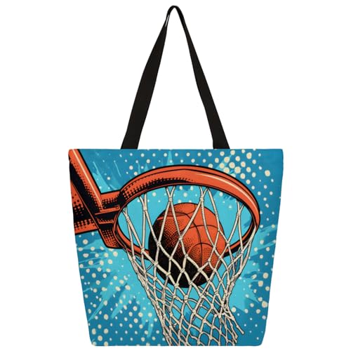 Mularoka Basketball Stand Watercolour Large Capacity Canvas Tote Bag Stylish Handheld Shoulder Bag Reusable Shopping Bag for Work Travel Beach Trips Shopping