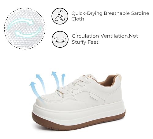 White Platform Chunky Wide Toe Sneakers for Women Leather Lightweight Lace Up Soft Sole Stylish Tennis Casual Walking Shoes 5