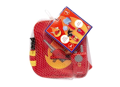 Simba Feuerwehr Rucksack Set, Feuerlöscher mit Sprühfunktion, Axt, Funkgerät mit Sound, Brechstange und Marke, Rollenspielzeug, ab 3 Jahre