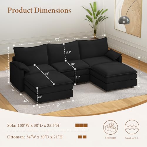 Image of Vesgantti 108 inch U Shaped Sectional Couch, Comfy Cloud Modular Sectional Sofa with 2 Ottoman Deep Seat Chenille Modern Cloud Sofa, Modular Sofas for Living Room, Bedroom and Apartment, Black