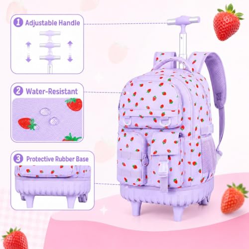 Image of CCJPX 3Pcs Rolling Backpack for Girls, Roller Wheeled School Bookbag, Strawberryra Wheels Backpacks with Lunch Box for Kids (Purple)