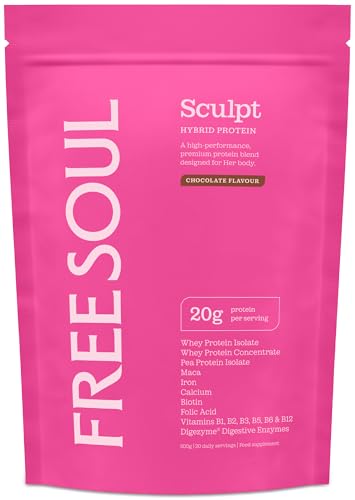 Free Soul Sculpt Protein Powder | 20g Protein | Hybrid Whey Protein | with Maca Iron Calcium Biotin B Vitamins & Digestive Enzymes | Chocolate Flavour | 20 Servings