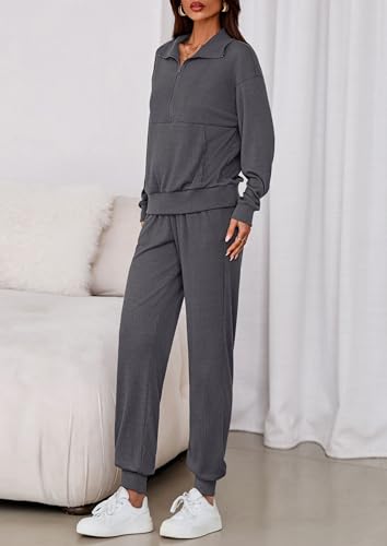 Image of PRETTYGARDEN Women 2 Piece Ribbed Knit Matching Lounge Sets | Comfy Sweat Track Suits, Athleisure Casual Outfit, Half Zip Sweatshirt & Jogger Pants, Fall Winter Clothes for Airport Travel