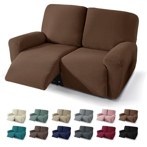 JIVINER 4 Pieces Recliner Loveseat Covers Stretch Recliner Sofa Slipcover with Elastic Bottom Jacquard Fitted Reclining Couch Cover Furniture Protector with Pockets (2 Seater, Brown)