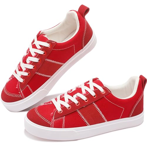 Obtaom Women's Canvas Sneakers Cute Lace up Fashion Sneaker Comfortable Skate Shoe for Lady Casual Tennis Flats