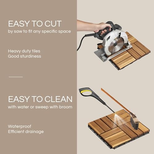 THYOI Deck Tiles, Patio Flooring - Outdoor Waterproof Acacia Wood Tiles for All Weather Use - Balcony, Backyard, Indoor & Outdoor (Golden Teak Crossed Pattern, 10 Pcs - 10 Square Ft)