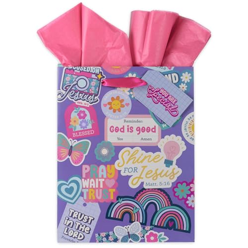Christian Art Gifts Cute Medium Gift Bag with Tissue Paper, Purple & Pink