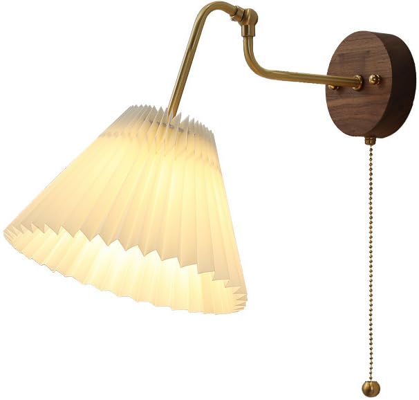Lámpara de lectura de pared regulable en madera vintage con pantalla plisada y cadena
