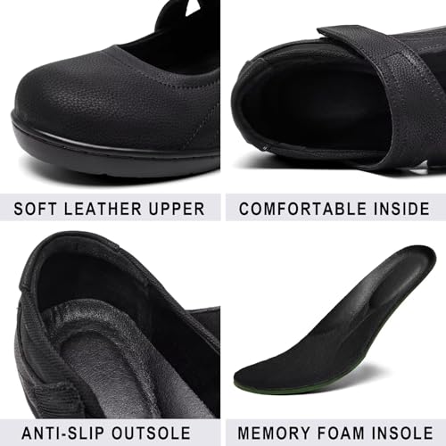 Image of Mary Jane Shoes Women Leather Orthopedic Flats Round Toe Casual Dress Shoes Non Slip Work Shoe with Memory Foam