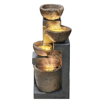 Goldshire 4-Tiers Cascading Bowls Outdoor Water Fountain with LED Light, Standing Cascading Water Feature, Faux Stacked Stones Waterfalls Fountains Decor for Garden Patio Yard and Lawn (Beige)