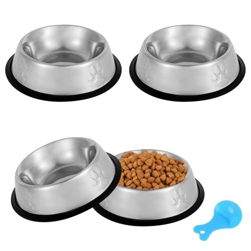 ACEONE Stainless Steel Cat Bowl, 4 Pack Metal Dog Bowls for Food and Water, Non-Slip Pet Feeding Dish Bowl with Rubber Base for Indoor Cats Small Dogs