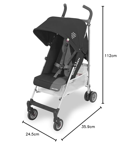 Maclaren Triumph silla de paseo tipo paraguas compacto y ligero, Asiento reclinabl, Capota resistente al agua y extensible con factor UPF 50+, Incluye protector para la lluvia, Negro/gris oscuro