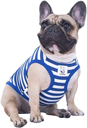 iChoue French Bulldog Striped T Shirts Clothes for Medium Dogs Vest Tank Tops Puppy Frenchie Pug English Boston Terrier Pitbull White Blue Strips - M