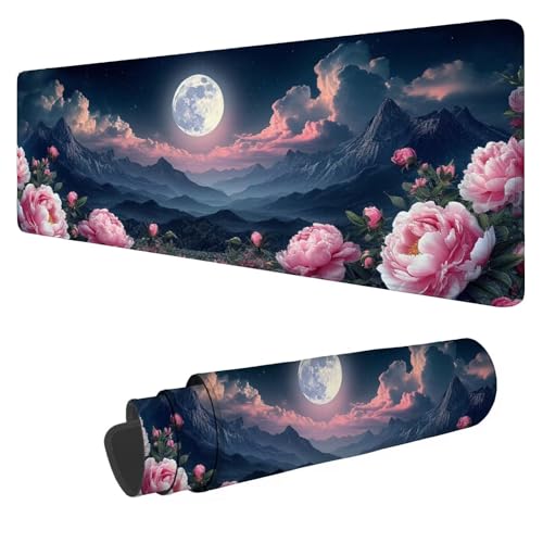 Mefooge Gaming muismat bloem, muismat 700 x 400 x 3 mm, maan bureaumat groot, muismat met genaaide randen antislip waterbestendig bureauonderlegger, Mac- en pc-gamingaccessoires, verbeterde precisie