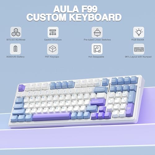 Image of AULA F99 Mechanical Keyboard | Tri-Mode BT5.0 /2.4GHz /USB-C Hot Swappable | Pre-lubed Linear Switches, Gasket Structure | RGB Gaming Keyboard (Blue+White, Crescent Switch)