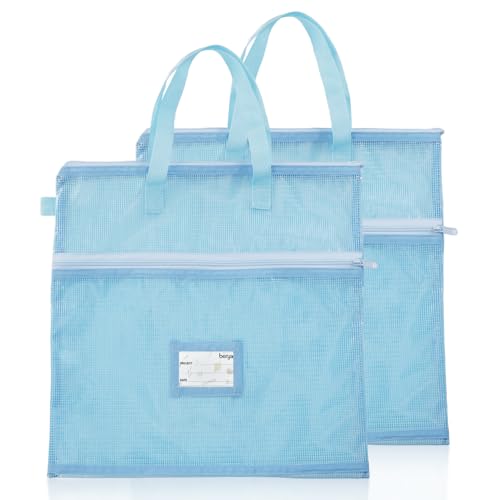 Image of BERYA 16.14 x 16.14 inch Sewing Project Bag, Large Double Pocket Craft Bag Organizer Tote with Handles, Clear Mesh Art Supply Bag for Quilting, Knitting, Embroidery Projects Storage (Blue-2 Pack)