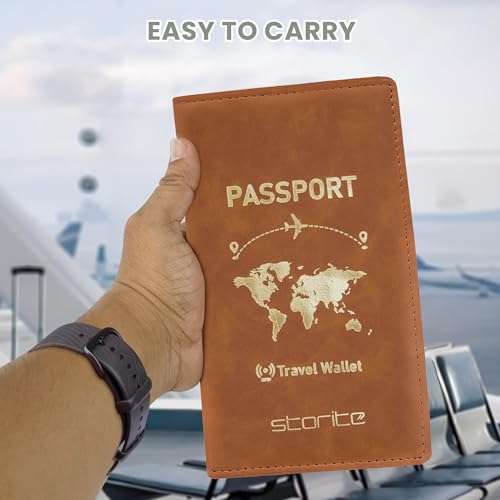 Image of Storite RFID Blocking PU Leather Passport Holder, 23x14x3 Cm Drak Brown | Cover Case, Travel Wallet, Document Organiser, Removable Hand Strap, For Men & Women