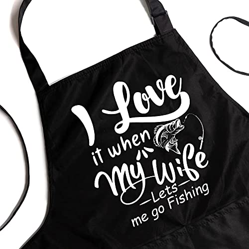 Dyjybmy I Love It When My Wife Lets Me Go Fishing Funny Bbq Apron For Men Women, Black Adjustable Waterproof Cooking Grilling Apron Gift For Dad Husband, Gifts For Birthday, Christmas, Thanksgiving #TOP2