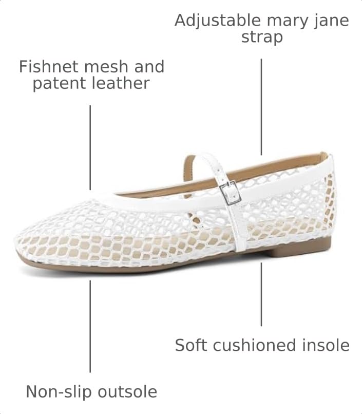 Image of Rihero Mesh Ballet Flats for Women Comfortable Square Toe Ballerina Flats Buckle Strap Casual Fishnet Flat Shoes