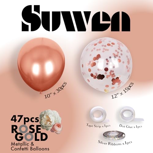 Image of SUWEN Metallic Rose Gold and Confetti Balloon Set 47PCS Latex Helium Chrome | Rose Gold Balloon for Birthday Wedding Anniversary Party Decorations