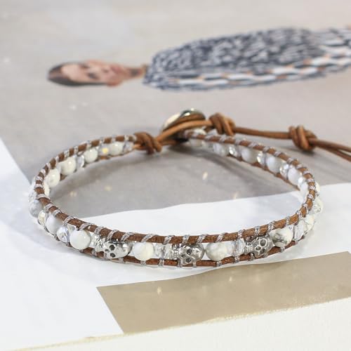 Image of KELITCH 925 Silver Skull Bracelets Wrap Bracelets Women Crystal Beaded Bracelets on Natural Leather
