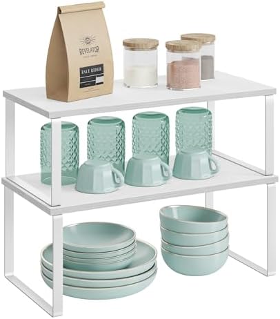 SONGMICS Spice Rack, Set of 2 Cupboard Shelf Organisers, Expandable Kitchen Shelf Organiser, Stackable Spice Holder, Metal and Engineered Wood, Cloud White and Snow White KCS025W01