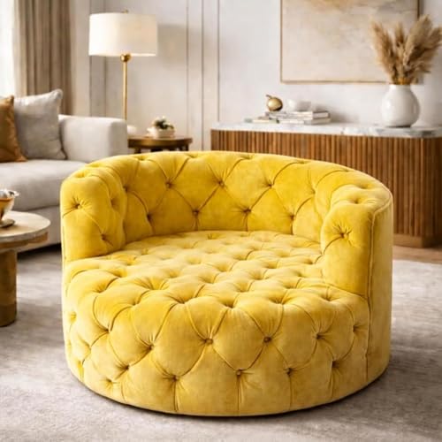 Image of SOFALIZE - Modern Barrel Accent Round Sofa with Pillows, Oversized Arm Chair, Cozy Club Chair for Bedroom, Living Room, Lounge, Hotel & Office Hallways, Yellow, 127cm x 127cm x 80cm
