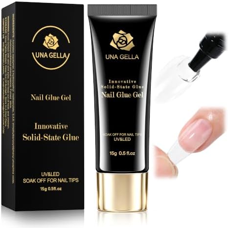 UNA GELLA Solid Nail Glue Gel Soft Gel Nail Tips Glue 15ml Lamp Curing Needed Solid Soak Off Glue Super Strong Nail Glue For Fake Acrylic Nails Extension Press On Nails