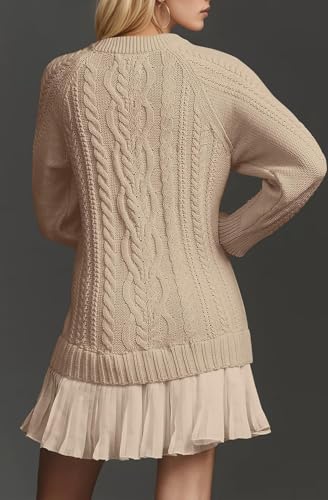 20205 New Women Crewneck Cable Knit Sweater Mini Dress Long Sleeve Pleated Twofer Style Patchwork Dress Fall Winter3