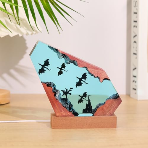 Image of Drawelry Ocean Creative Epoxy Resin Wood Light Lamp, Handmade Multi Color Aquatic Ocean Lamp Deep Sea Cave Diving Enthusiasts Led Night Light Desktop Decor Birthday Gift (Dragon, M)