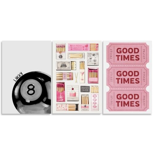 Pink Wall Art Vintage Matchbook Print Canvas Poster 8 Ball Art Print Set Of 3 Lucky You Posters Trendy Room Decor Retro Ticket Pink Wall Art Dorm Decor Black White Poster 16x24inch Unframed