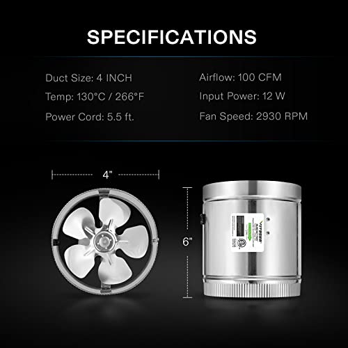 Vivosun 4 Inch Inline Duct Fan 100 Cfm, Hvac Exhaust Ventilation Fan With Low Noise For Basements, Bathrooms, Kitchens And Attics, Silver #TOP5