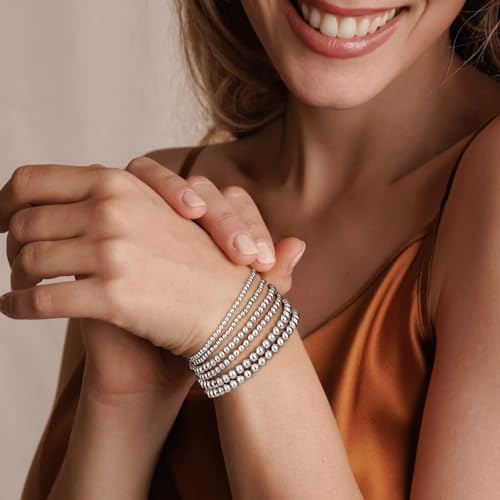 adoyi Silver Bracelets for Women, 14K Gold Plated Stackable Bead Ball Bracelet stack Set Trendy Adjustable Non Tarnish Jewelry Sets for Womens Gifts — view 2