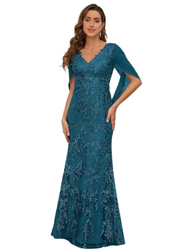 Lace Mermaid Mother of The Bride Dresses for Wedding Long V Neck Cape Sleeve Formal Gown Evening Dress