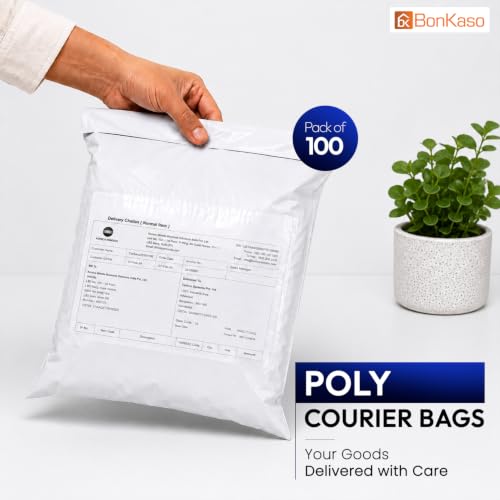 Image of BonKaso Poly Courier Bags 7x10 Inches with POD Sleeve | 55 Micron Tamper Proof & Waterproof Plastic Packaging Envelopes for Shipping, Delivery & E-commerce Use - Pack of 100