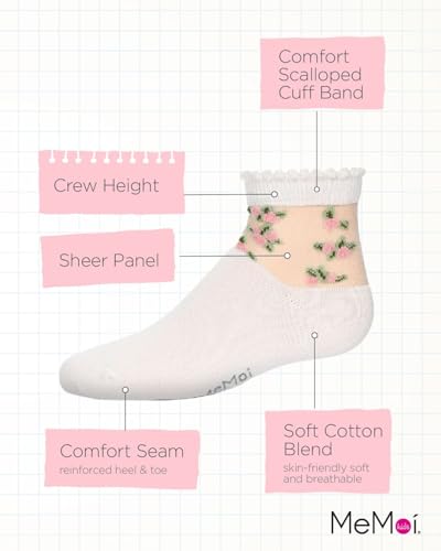 MeMoi Peek-A-Boo Sheer Floral Girls Cotton Blend Crew Socks3