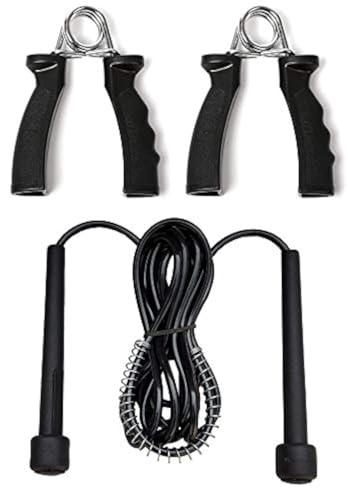 Image of VICTORY Combo of Skipping Rope and 2 Hand Grip for Men and Women Jumping Rope for Exercise Workout & Gym Training Sports Fitness Adjustable Height with Hand Plastic Grip-Black