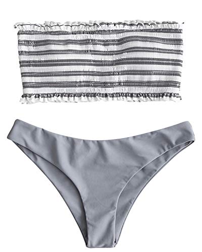 ZAFUL Women's Striped Smocked Bandeau Top Strapless Two Piece Shirred Bikini Set Swimsuit Bathing Suits (Gray, M)