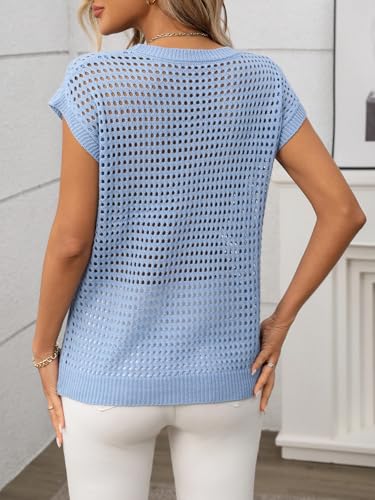 Image of Womens Crochet Cap Sleeve Sweater Summer Crew Neck Casual Hollow Out Knit Tops Pullover Trendy Beach Cover Ups Outfits