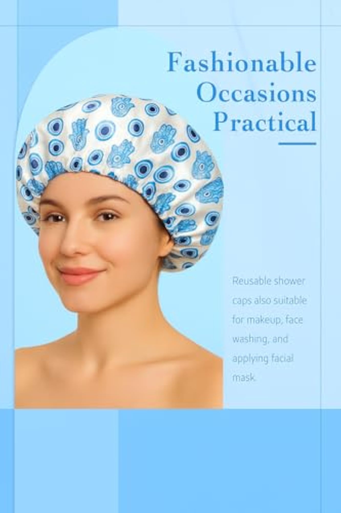 Women's Double-Layered Satin Shower Cap with Hamsa & Evil Eye Design