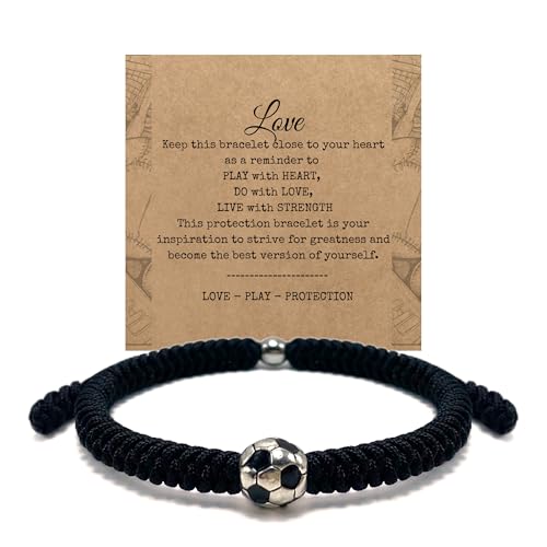 LAMIBEE Adjustable Braided Soccer Football Bracelet, Sport Jewelry Gift with Team Colors and Inspiration Card, Football Accessories for Fans Players Men Women (Black)